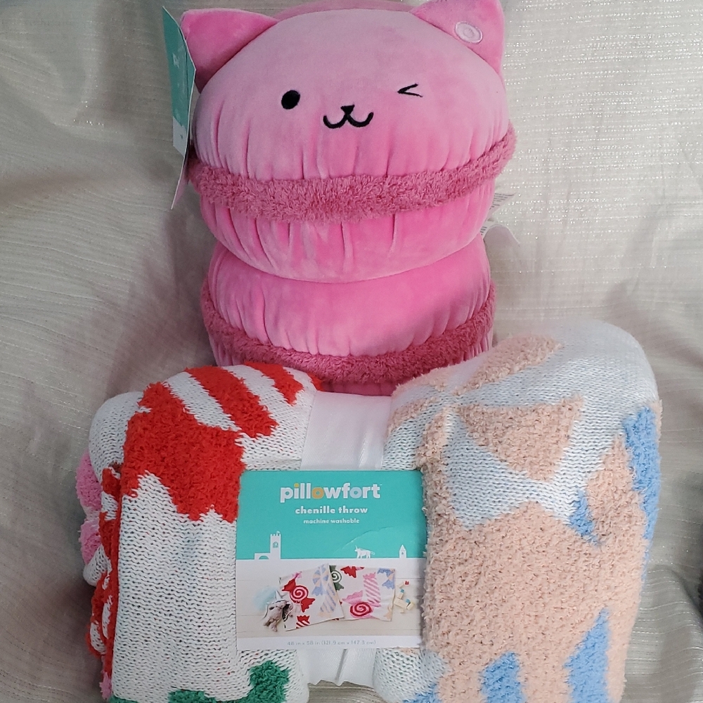 Pillowfort Candy Throw Blanket And Cat Macron Plush
